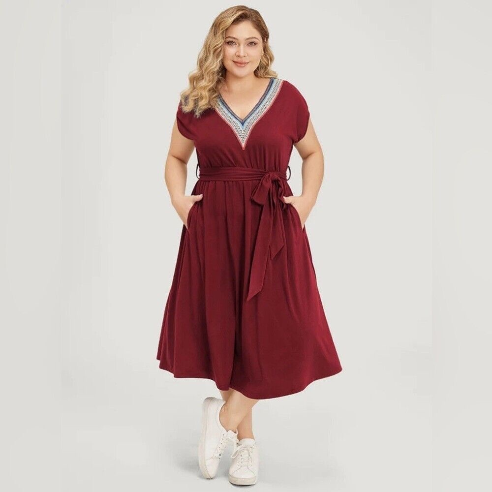 BloomChic Lace Belted Pocket Batwing Dress in Scarlet